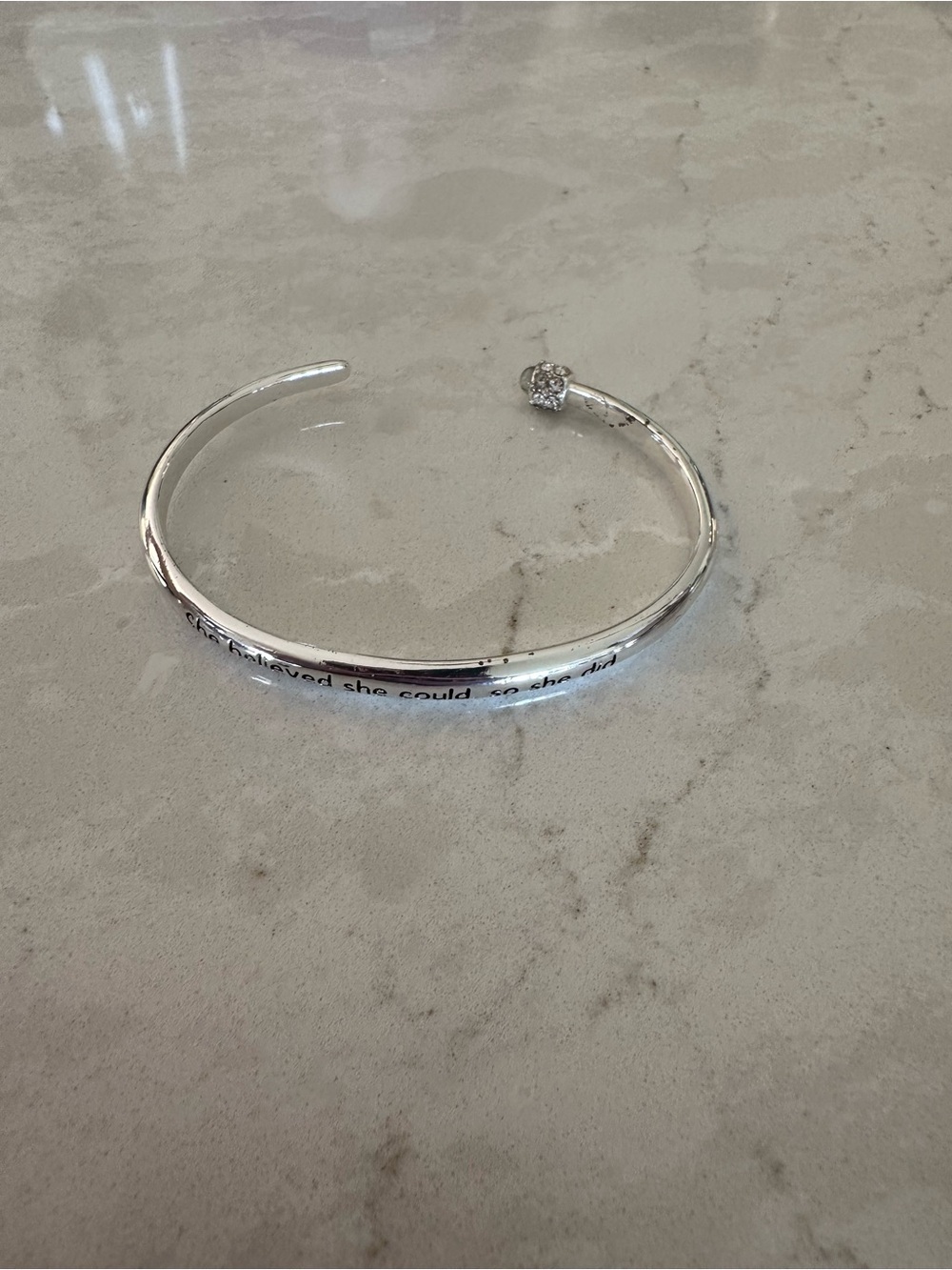 Silver Inspirational Open Cuff Bracelet with Clear Crystal Accent